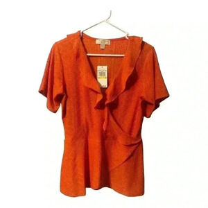 Michael Kors Burnt Orange Ruffled V-Wrap Top, Medium
